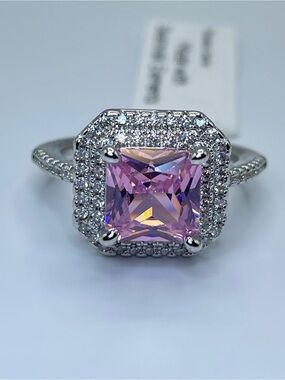 Swarovski Crystal Elements Pink Cushion Cut Crystal Halo Statement Ring Size 7